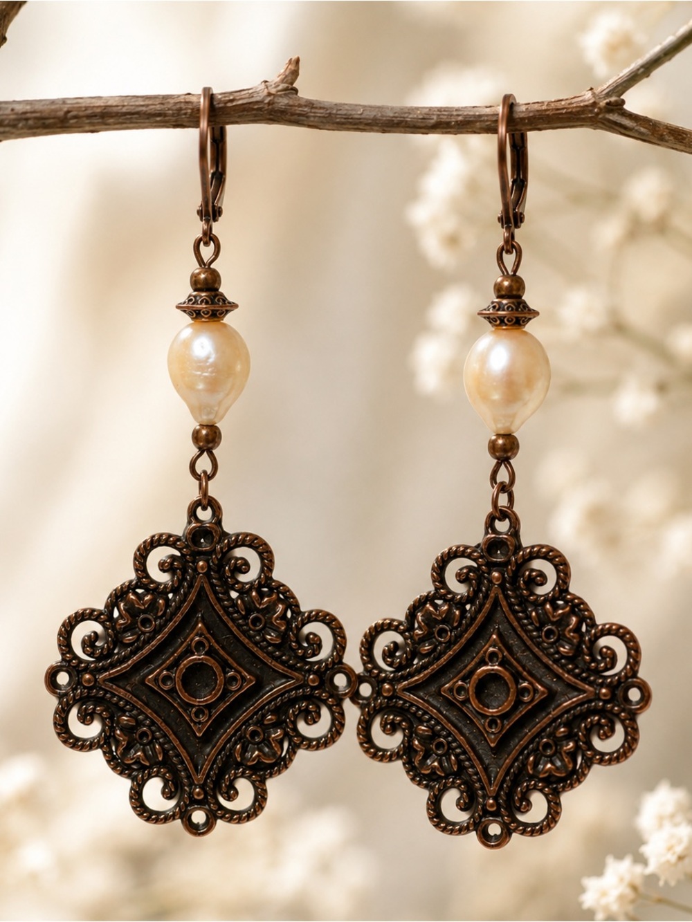 Freshwater Pearl Filigree Antique Copper Dangle Earrings, Victorian Boho MTO